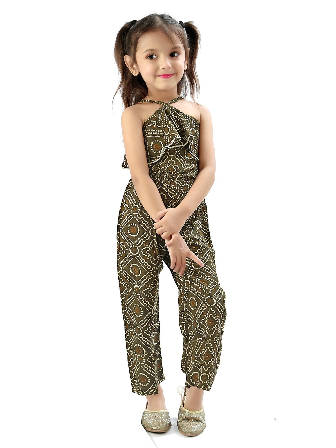 

R K MANIYAR Girls Halter Neck Printed Basic Jumpsuit, Green