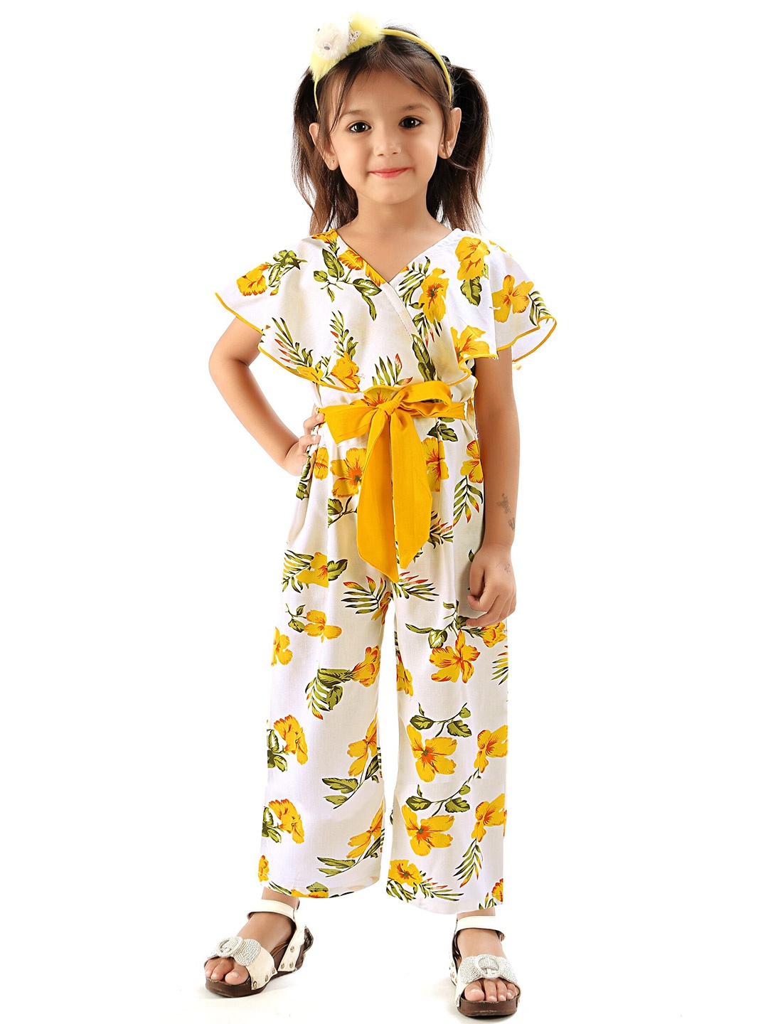 

R K MANIYAR Girls Floral Printed Basic Jumpsuit, White