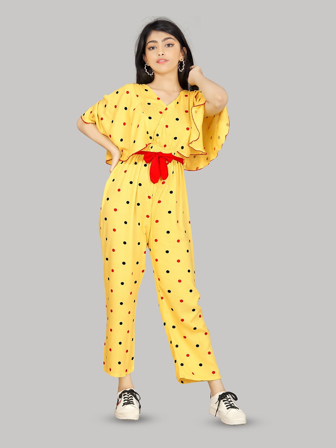 

R K MANIYAR Girls Printed Waist Tie-Ups Basic Jumpsuit, Yellow