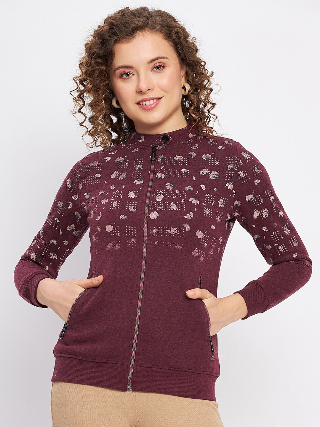 

Duke Mock Collar Floral Printed Open Front Sweatshirt, Maroon