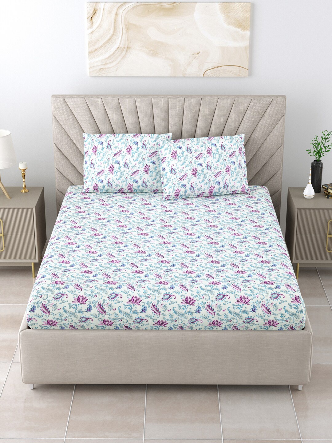 

BOMBAY DYEING Allure Blue Pure Cotton 120 TC Super King Bedsheet with 2 Pillow Covers