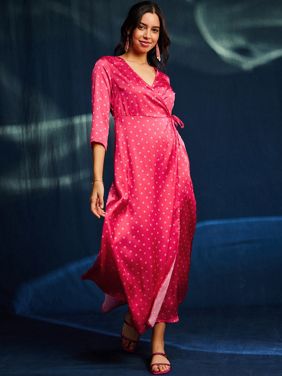 

Pink Fort Bandhani Printed Satin Wrap Ethnic Dress