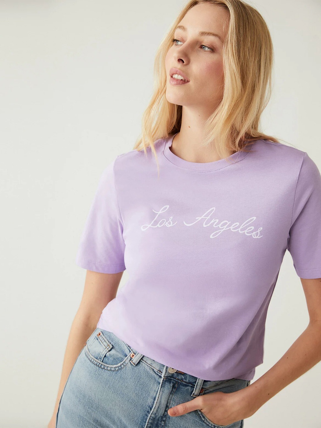 

Marks & Spencer Typography Printed Round Neck Pure Cotton T-Shirt, Lavender
