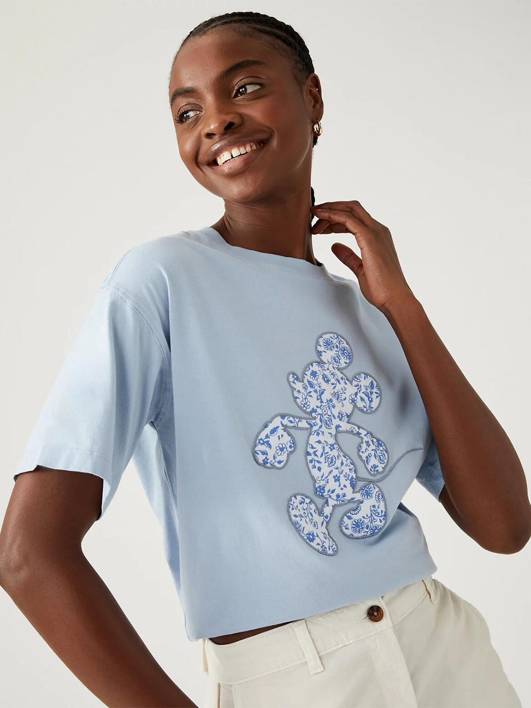

Marks & Spencer Floral Printed Embroidered Round Neck Pure Cotton T-Shirt, Blue
