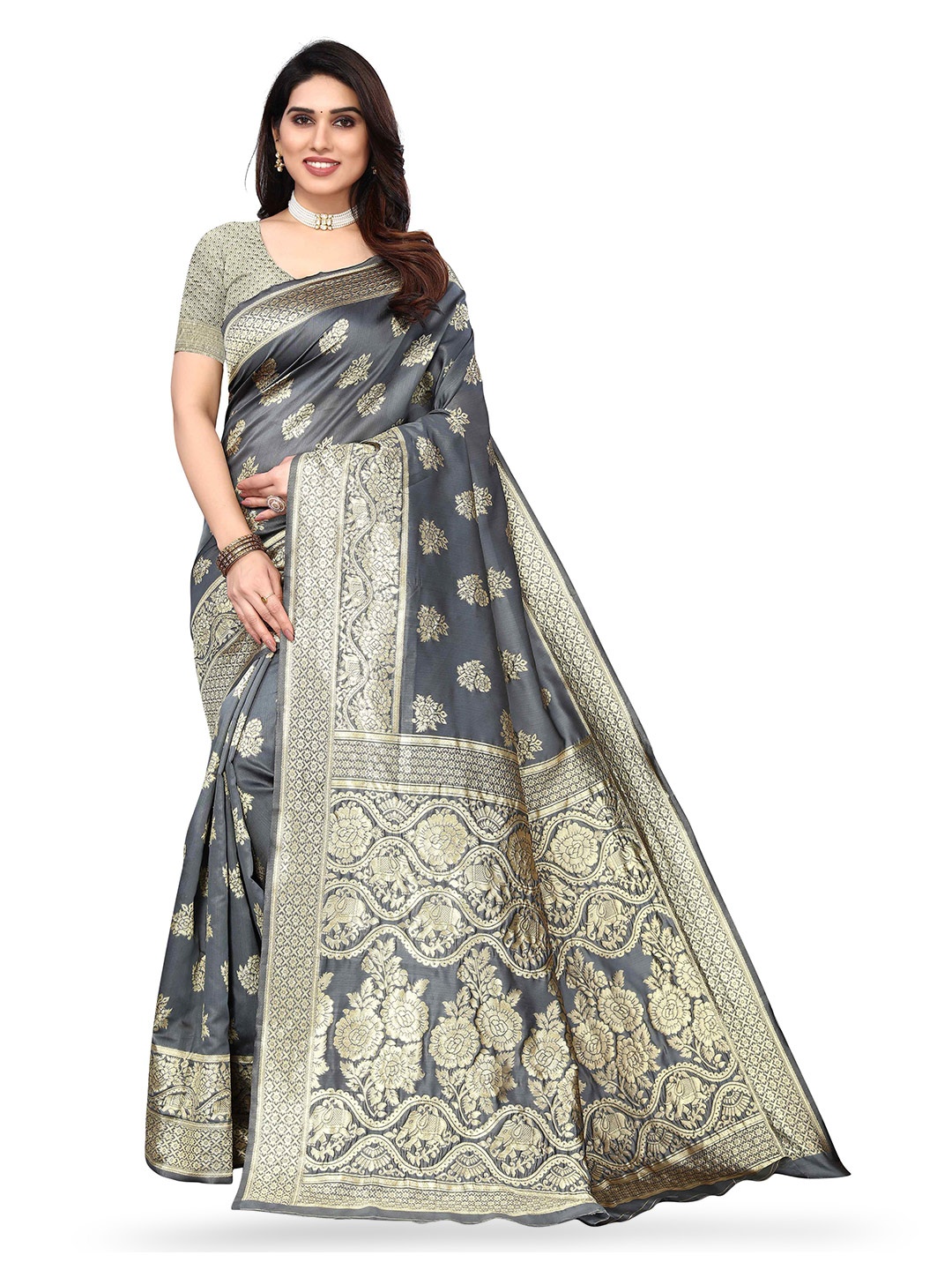 

KALINI Ethnic Motifs Woven Design Zari Kanjeevaram Saree, Grey