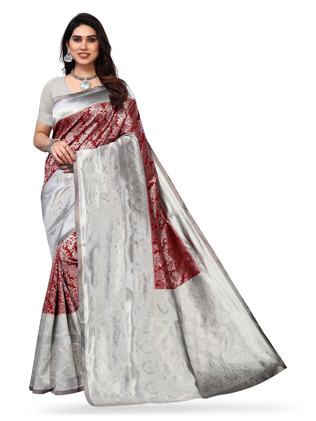 

KALINI Floral Woven Design Zari Kanjeevaram Saree, Maroon