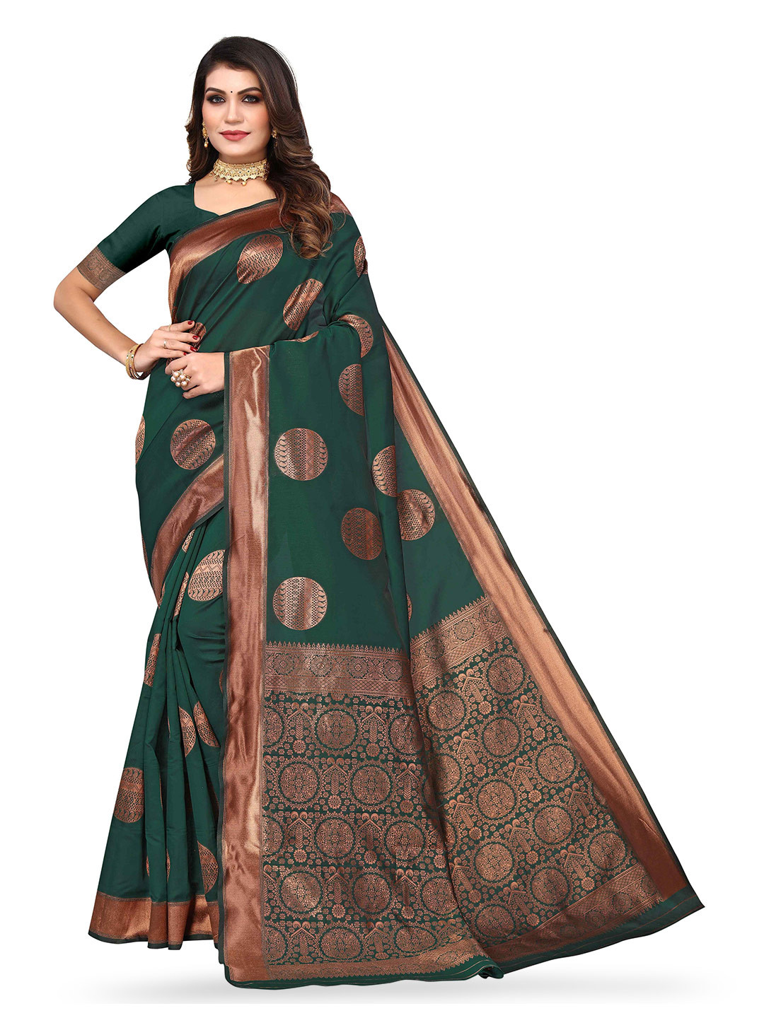 

KALINI Ethnic Motif Woven Design Zari Kanjeevaram Jacquard Saree, Green