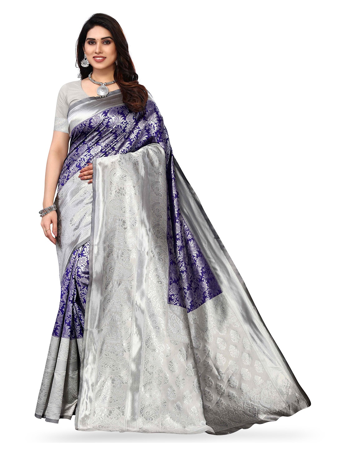 

KALINI Floral Woven Design Zari Kanjeevaram Saree, Blue