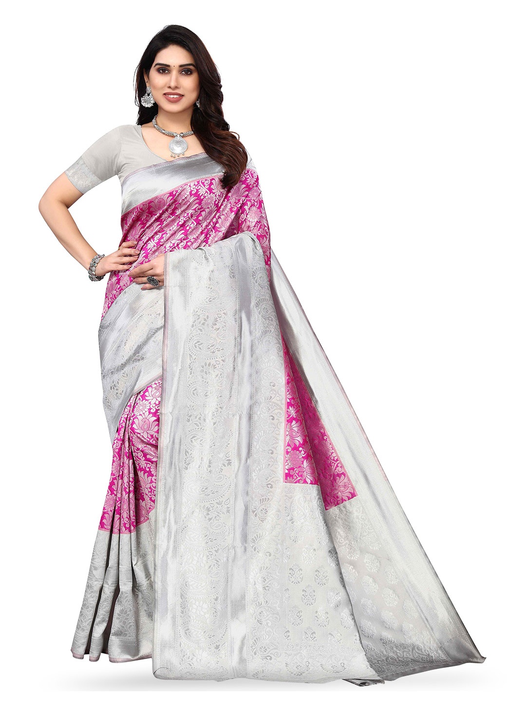 

KALINI Ethnic Motif Woven Design Zari Kanjeevaram Jacquard Saree, Pink
