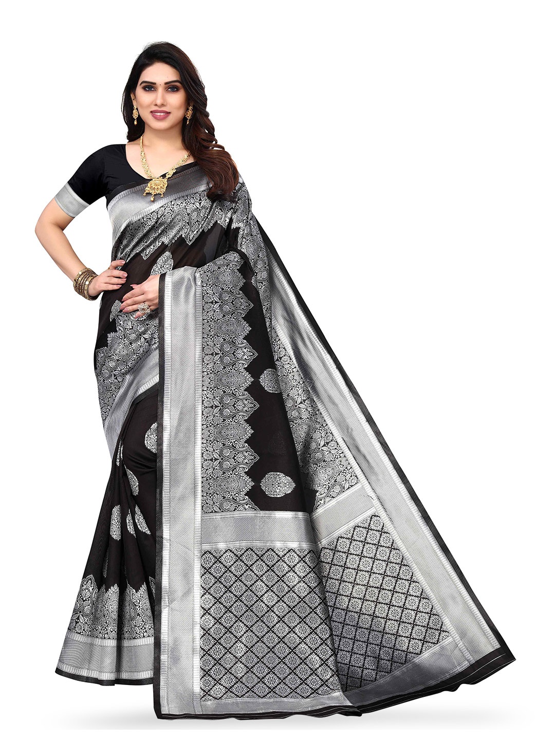 

KALINI Floral Woven Design Zari Kanjeevaram Saree, Black
