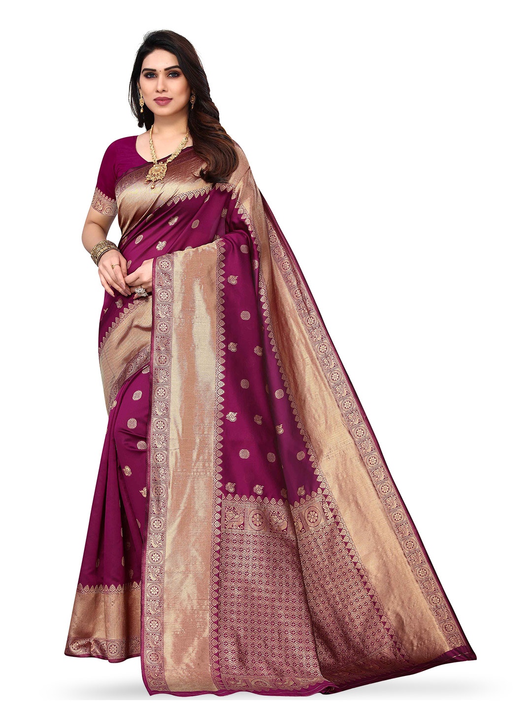 

KALINI Ethnic Motif Woven Design Zari Kanjeevaram Jacquard Saree, Purple