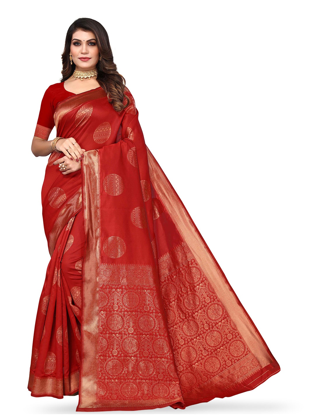 

KALINI Ethnic Motif Woven Design Zari Kanjeevaram Jacquard Saree, Red