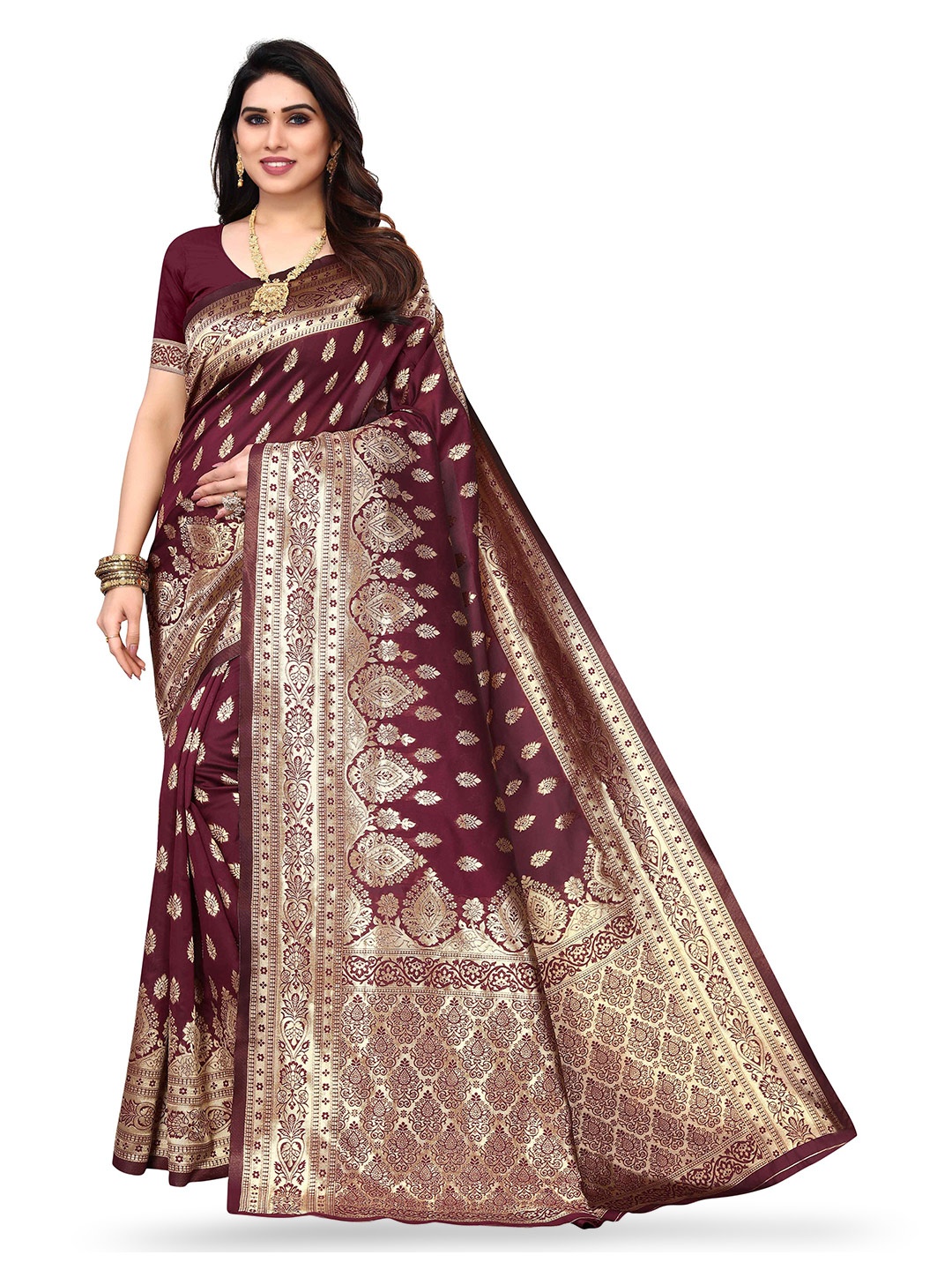 

KALINI Floral Woven Design Zari Kanjeevaram Saree, Brown