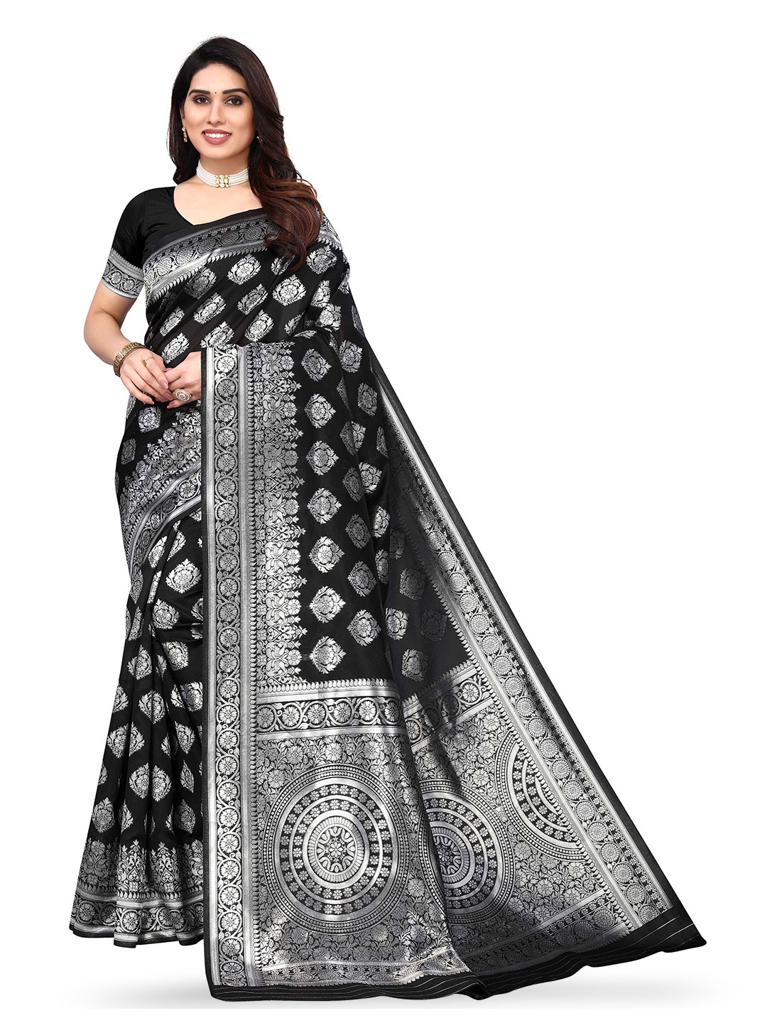 

KALINI Floral Woven Design Zari Kanjeevaram Saree, Black