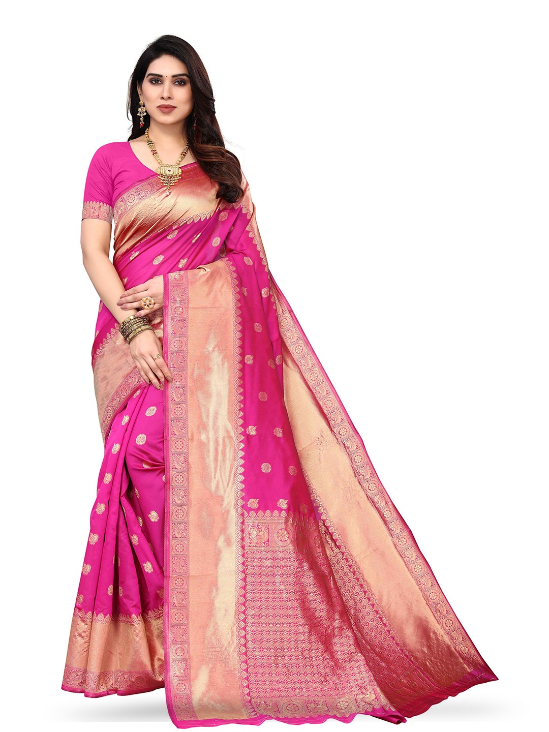 

KALINI Ethnic Motif Woven Design Zari Kanjeevaram Jacquard Saree, Pink