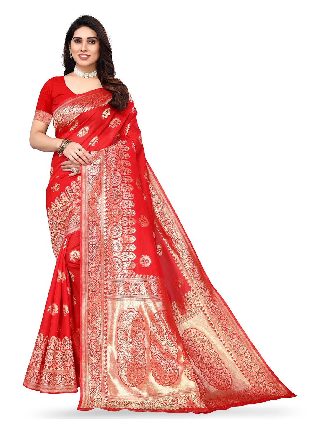 

KALINI Ethnic Motifs Woven Design Zari Kanjeevaram Saree, Red