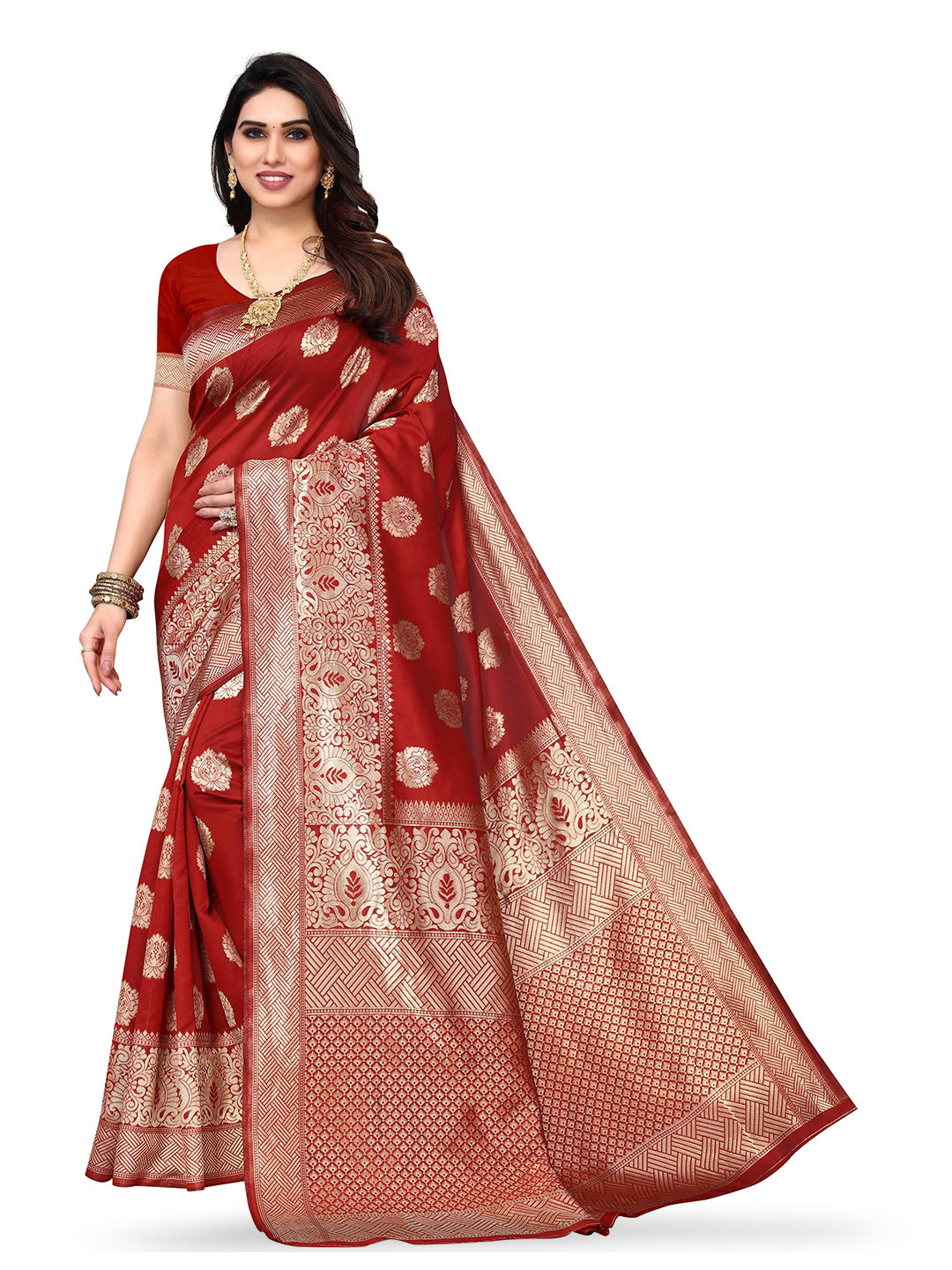 

KALINI Ethnic Motif Woven Design Zari Kanjeevaram Jacquard Saree, Red