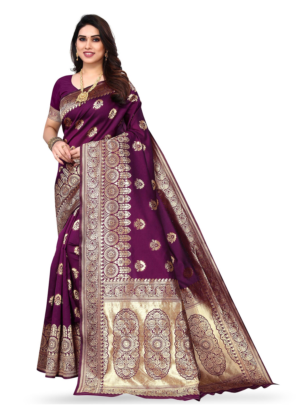 

KALINI Ethnic Motif Woven Design Zari Kanjeevaram Jacquard Saree, Purple
