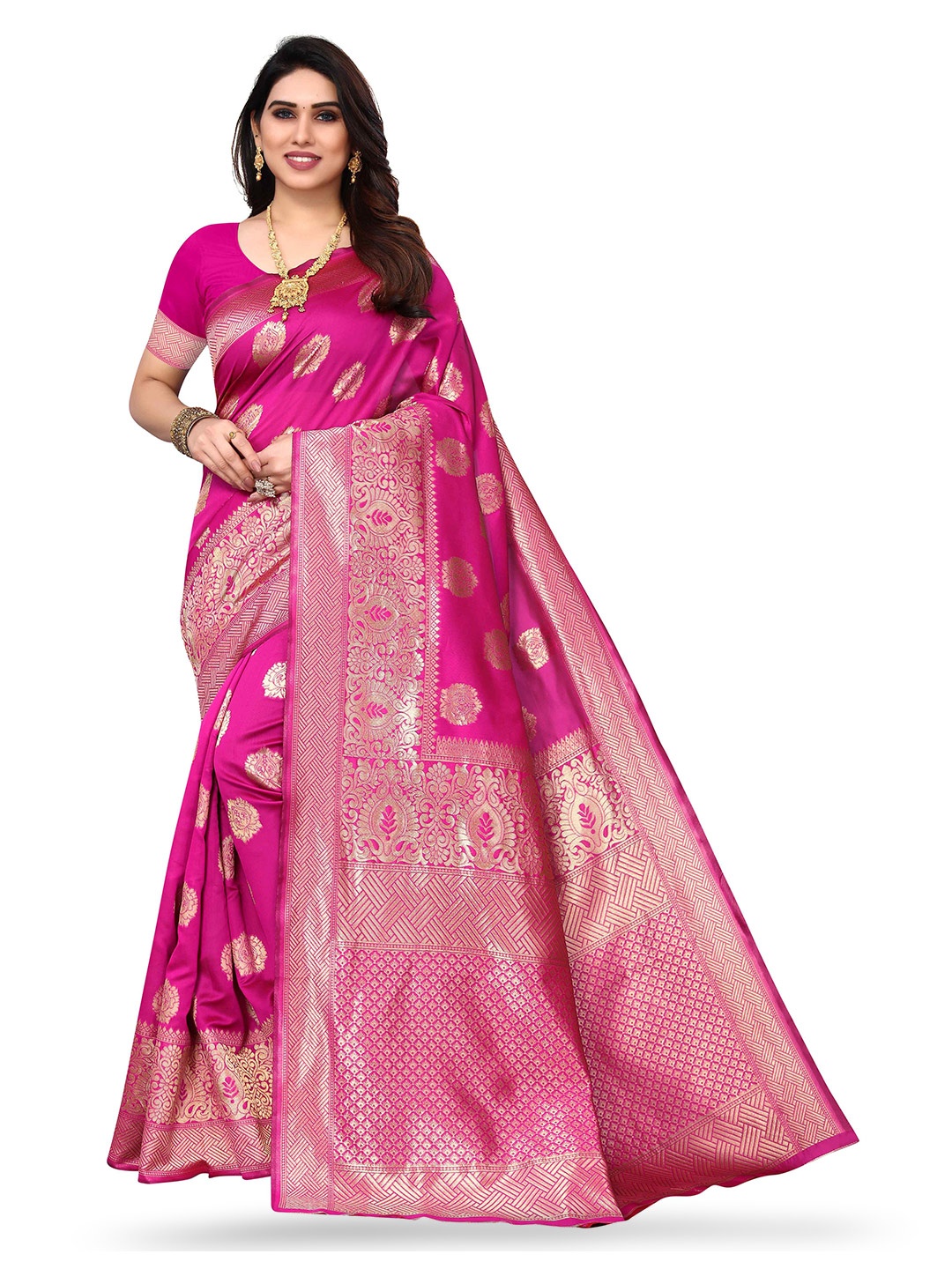 

KALINI Ethnic Motifs Woven Design Zari Kanjeevaram Saree, Pink