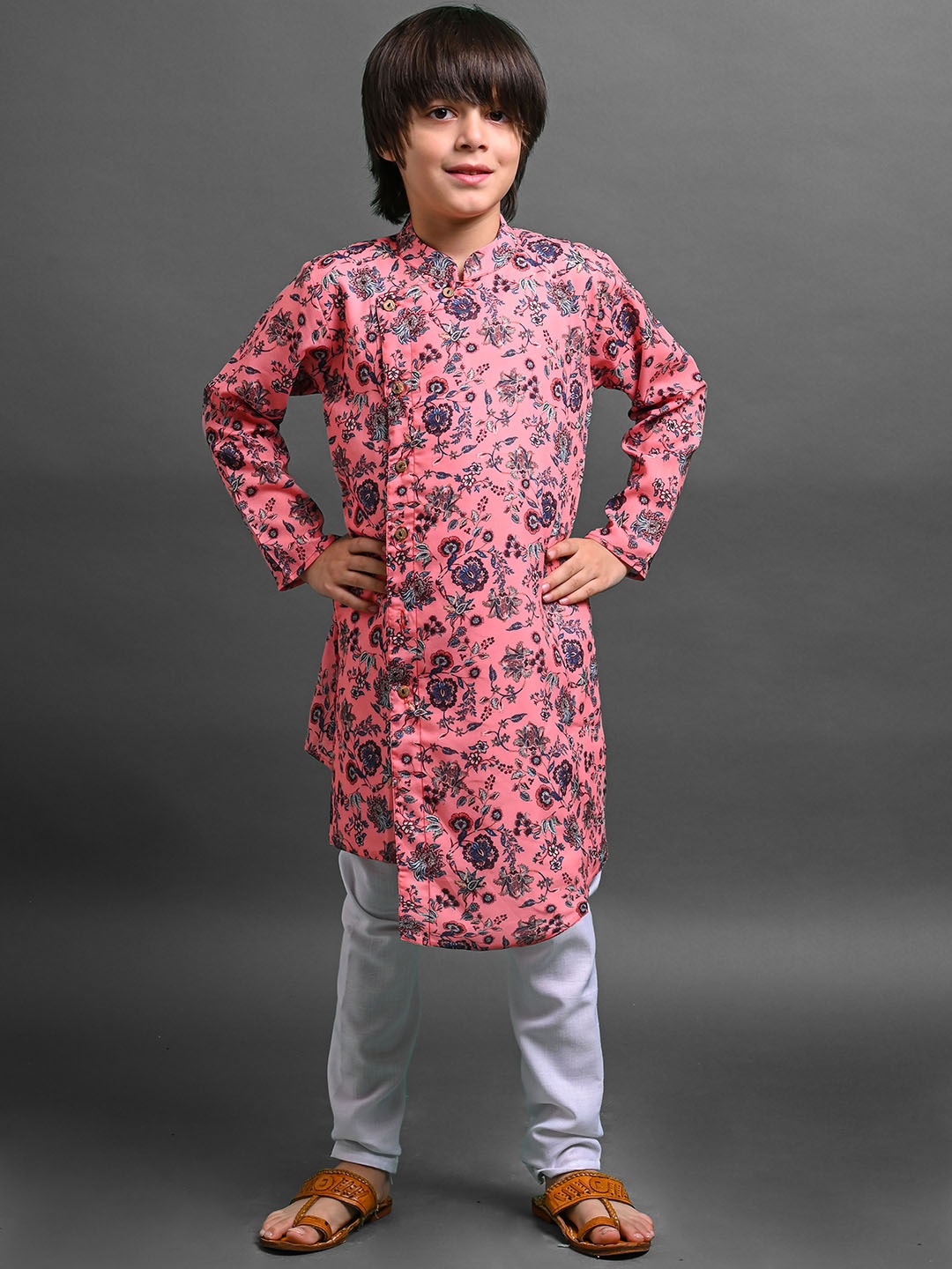 

VESHAM Boys Floral Printed Angrakha Kurta With Pyjamas, Peach