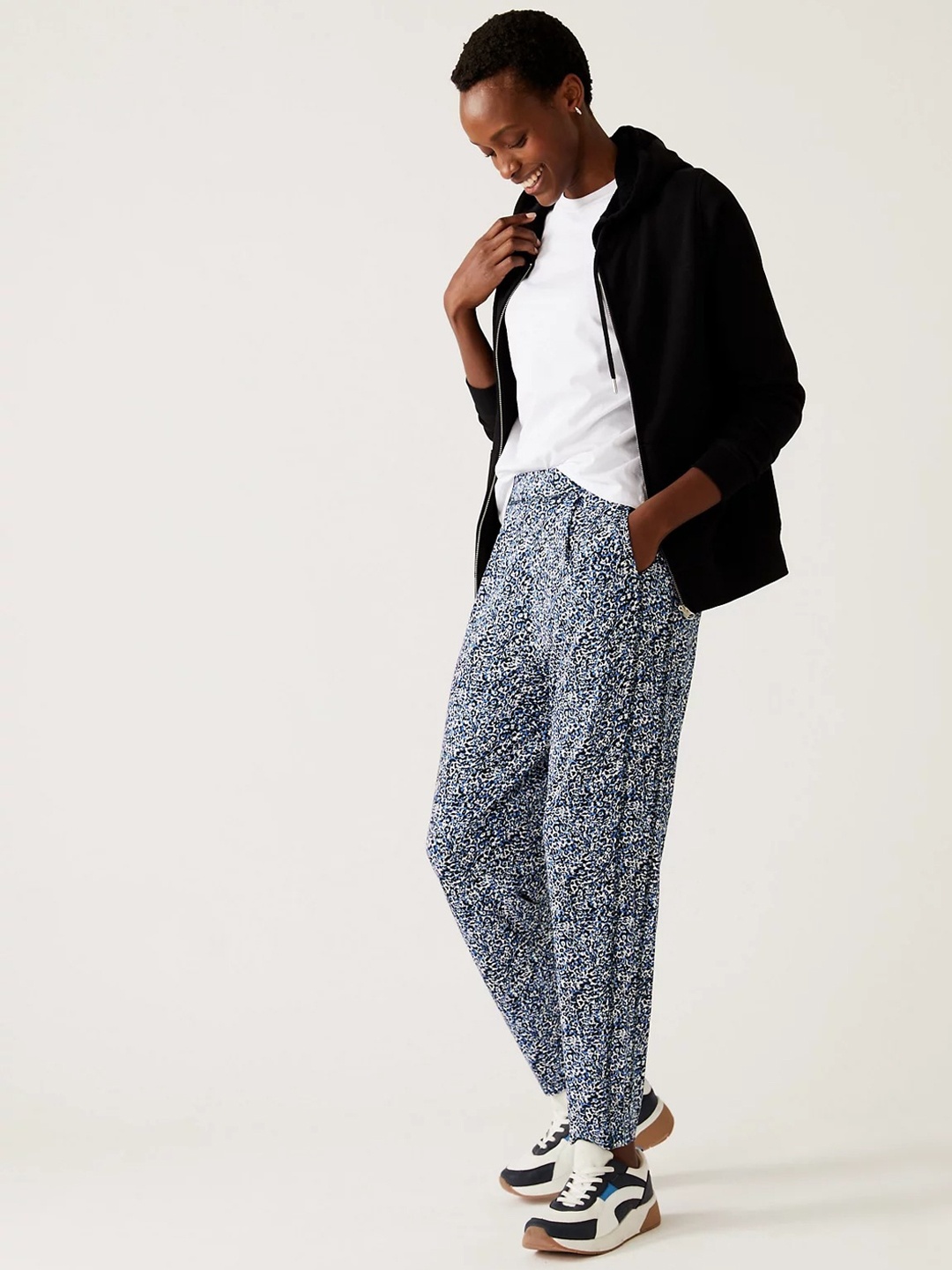 

Marks & Spencer Women Printed Tapered Fit High-Rise Trousers, Navy blue