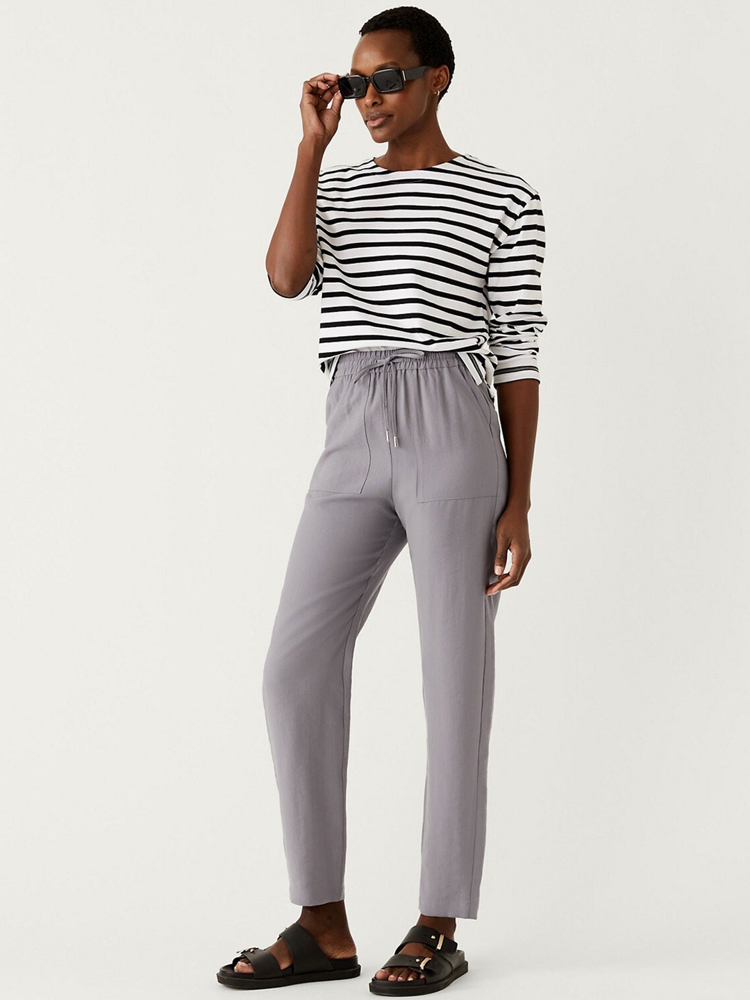 

Marks & Spencer Women Tapered Fit High-Rise Trousers, Grey