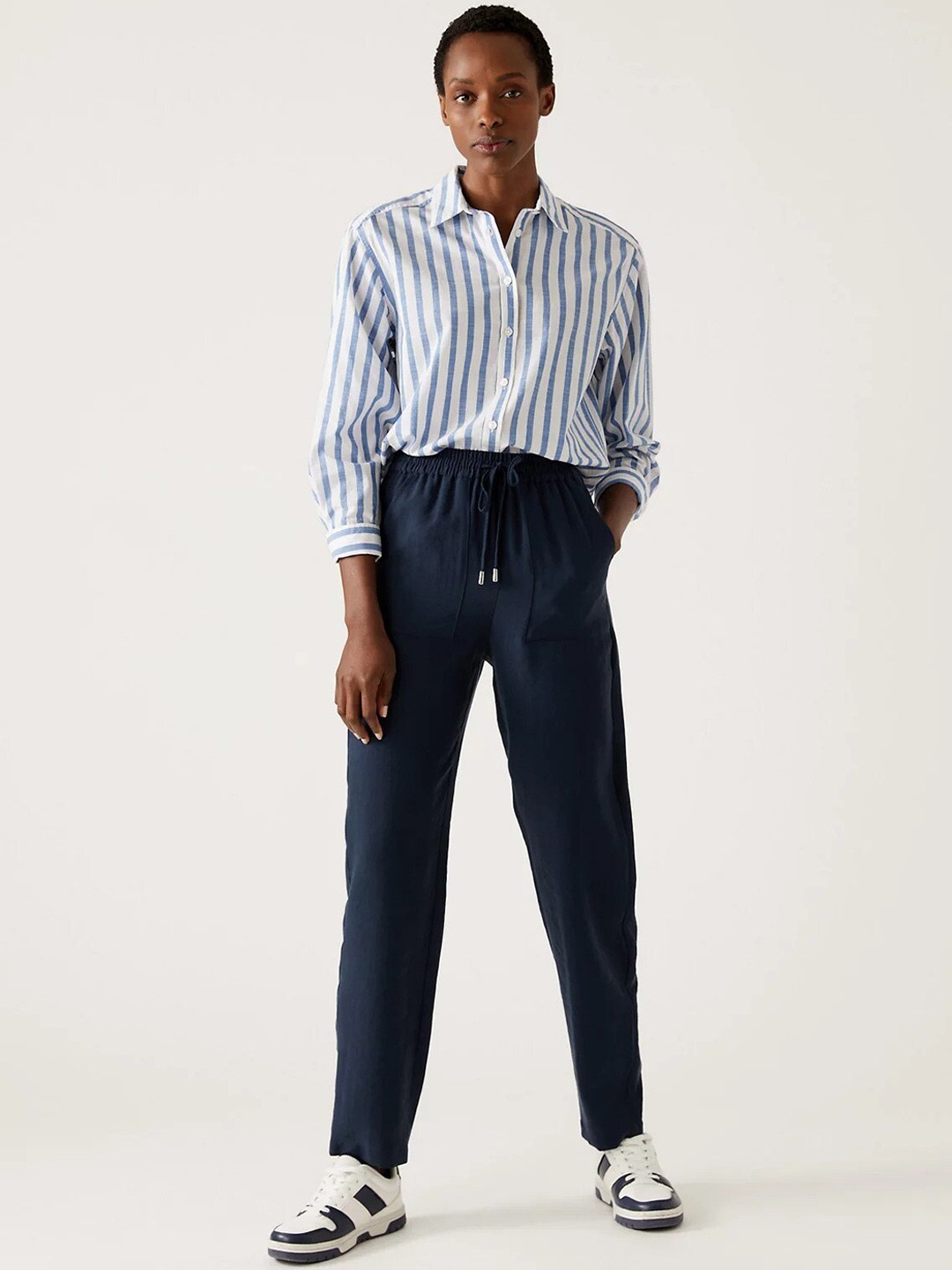 

Marks & Spencer Women Tapered Fit High-Rise Trousers, Navy blue