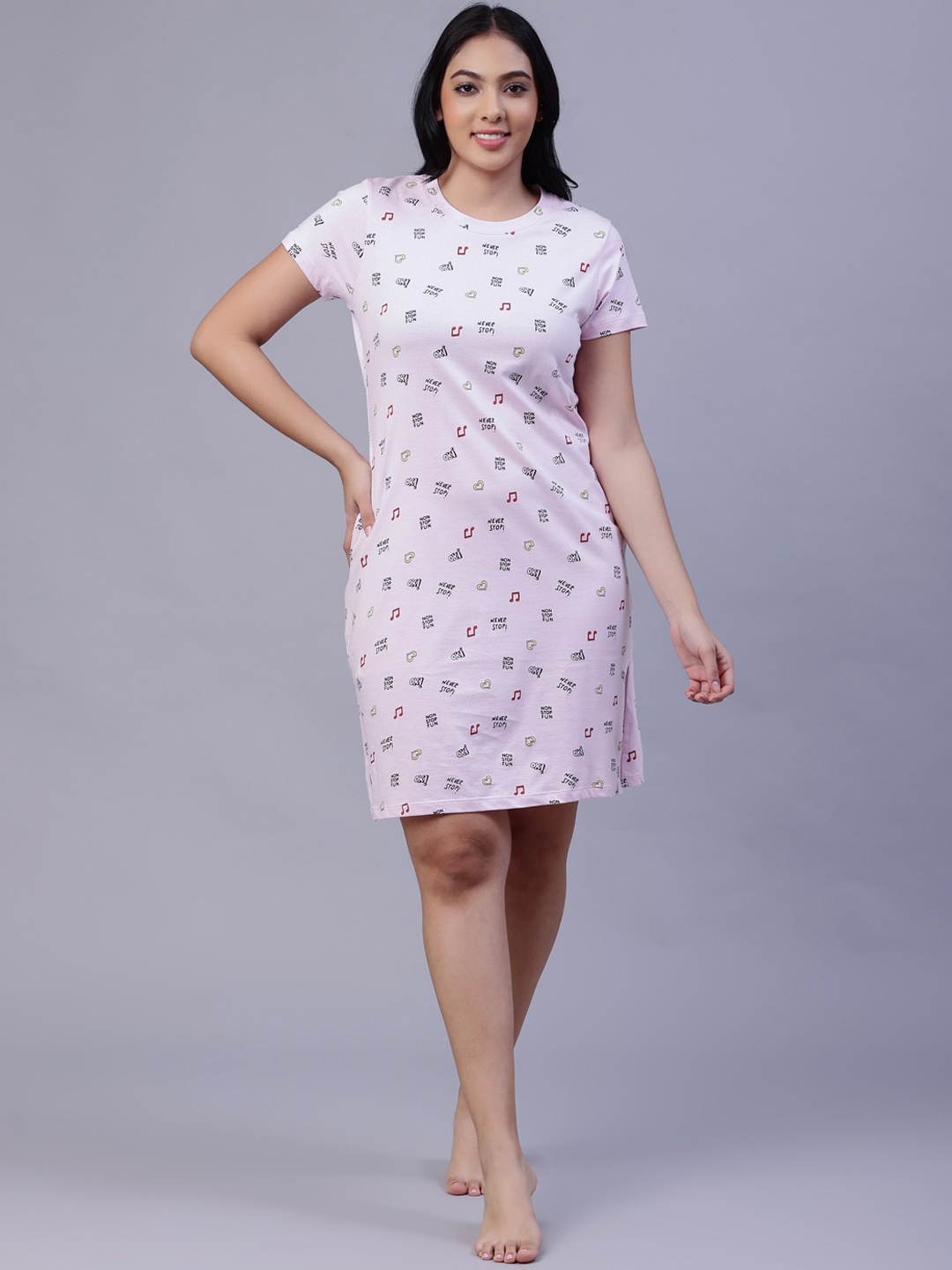 

TITTLI Typography Printed Pure Cotton T-Shirt Nightdress, Pink