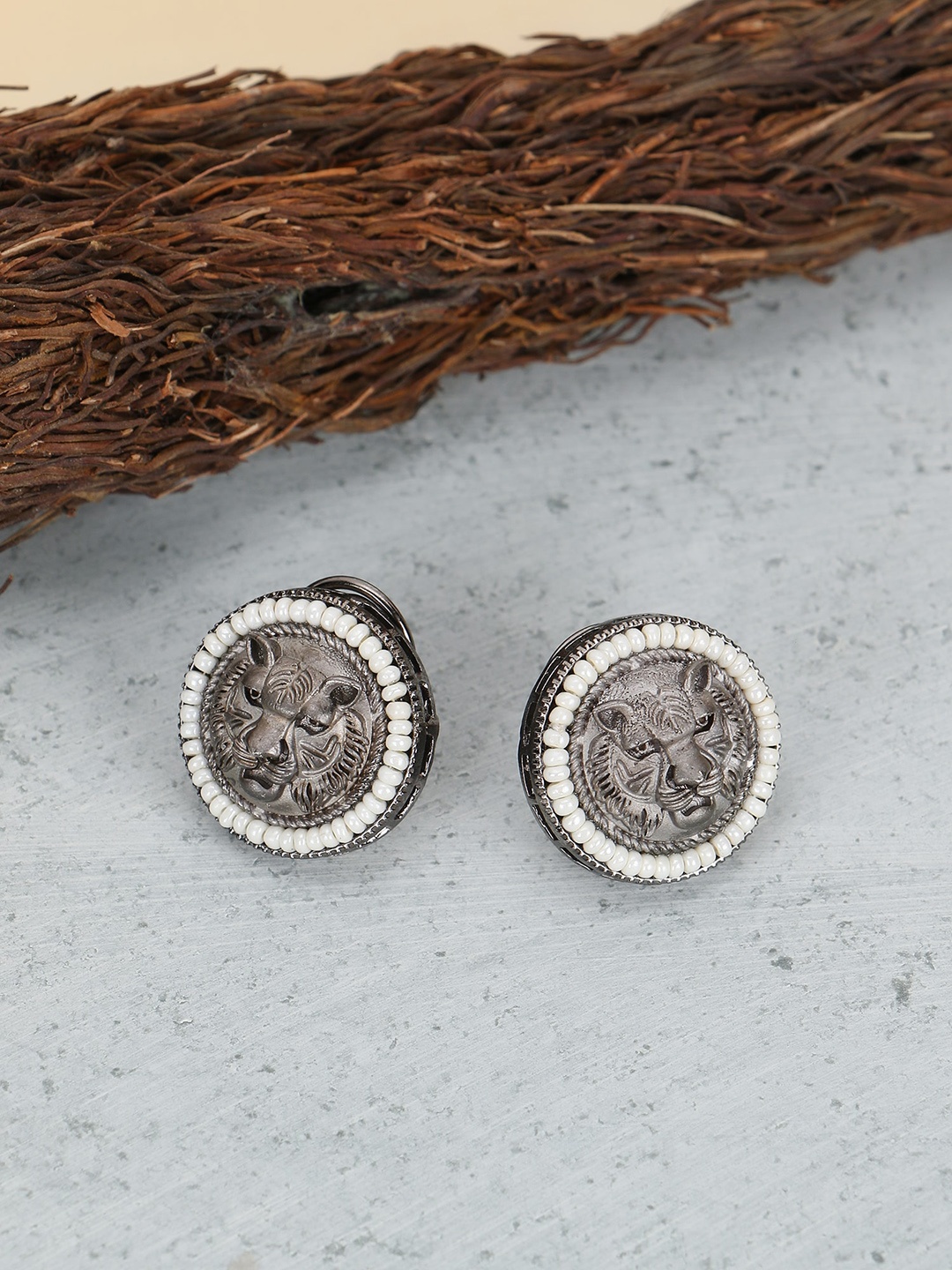 

Adwitiya Collection Rhodium-Plated Classic Oxidised Studs Earrings, Silver