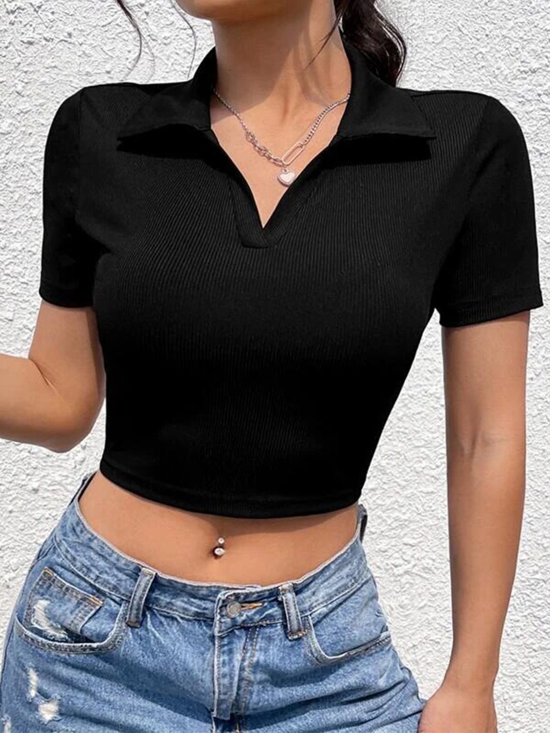 

RAJOVATI Polo Collar Cotton Fitted Crop Top, Black