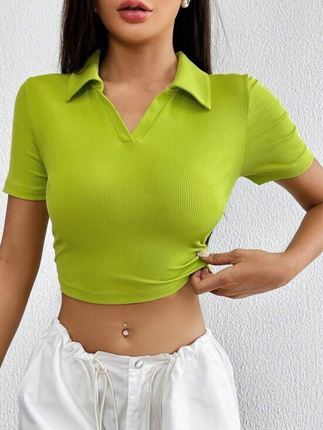 

RAJOVATI Polo Collar Cotton Fitted Crop Top, Lime green