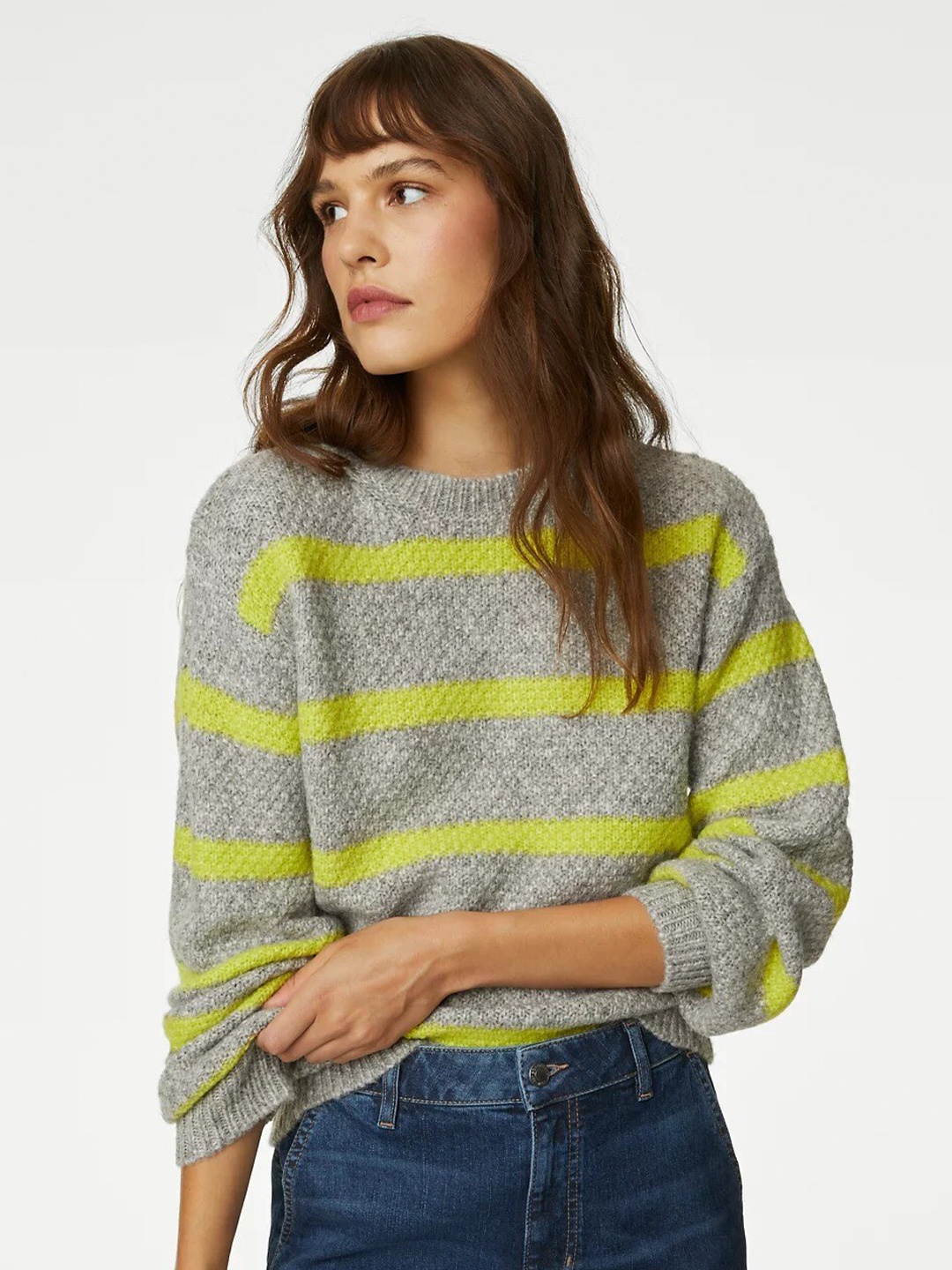 

Marks & Spencer Women Lime Green & Grey Striped Pullover