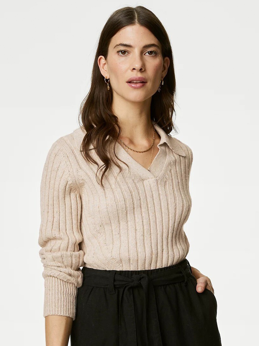 

Marks & Spencer Striped Lapel Collar Pullover, Beige