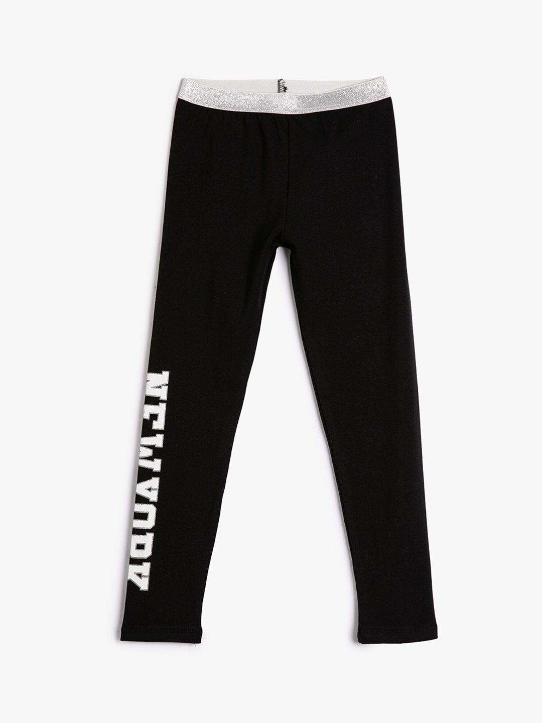 Koton Girls Typography Printed Ankle-Length Leggings, Black