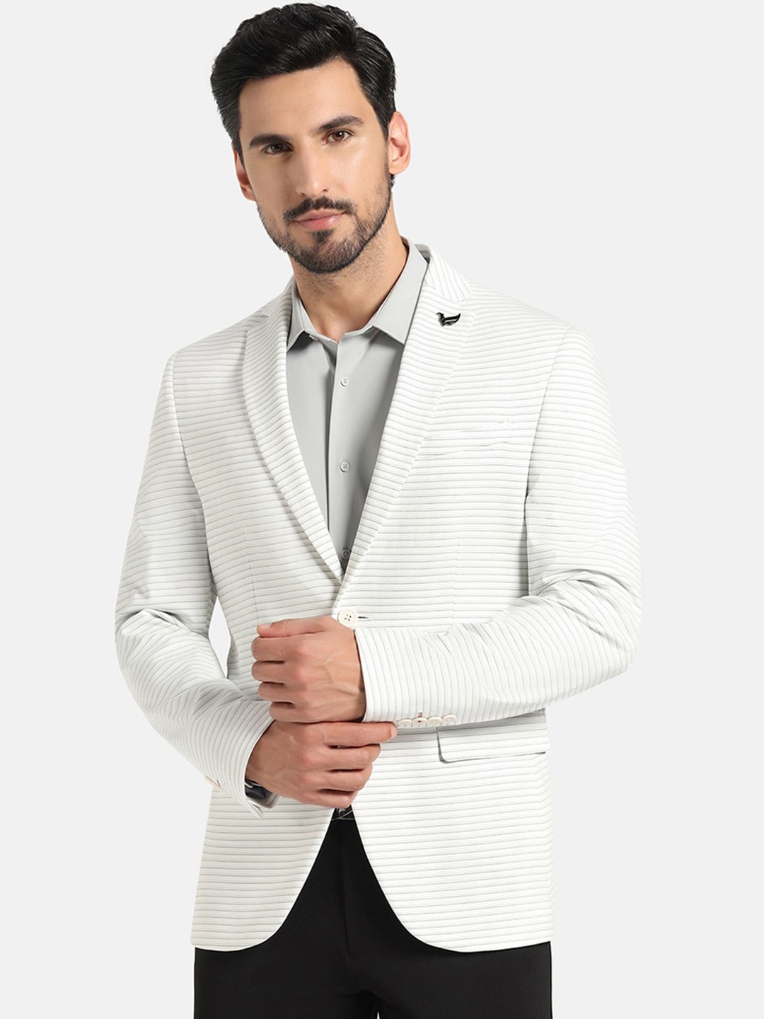 

Blackberrys Striped Notched Lapel Single-Breasted Slim-Fit Formal Blazer, Grey