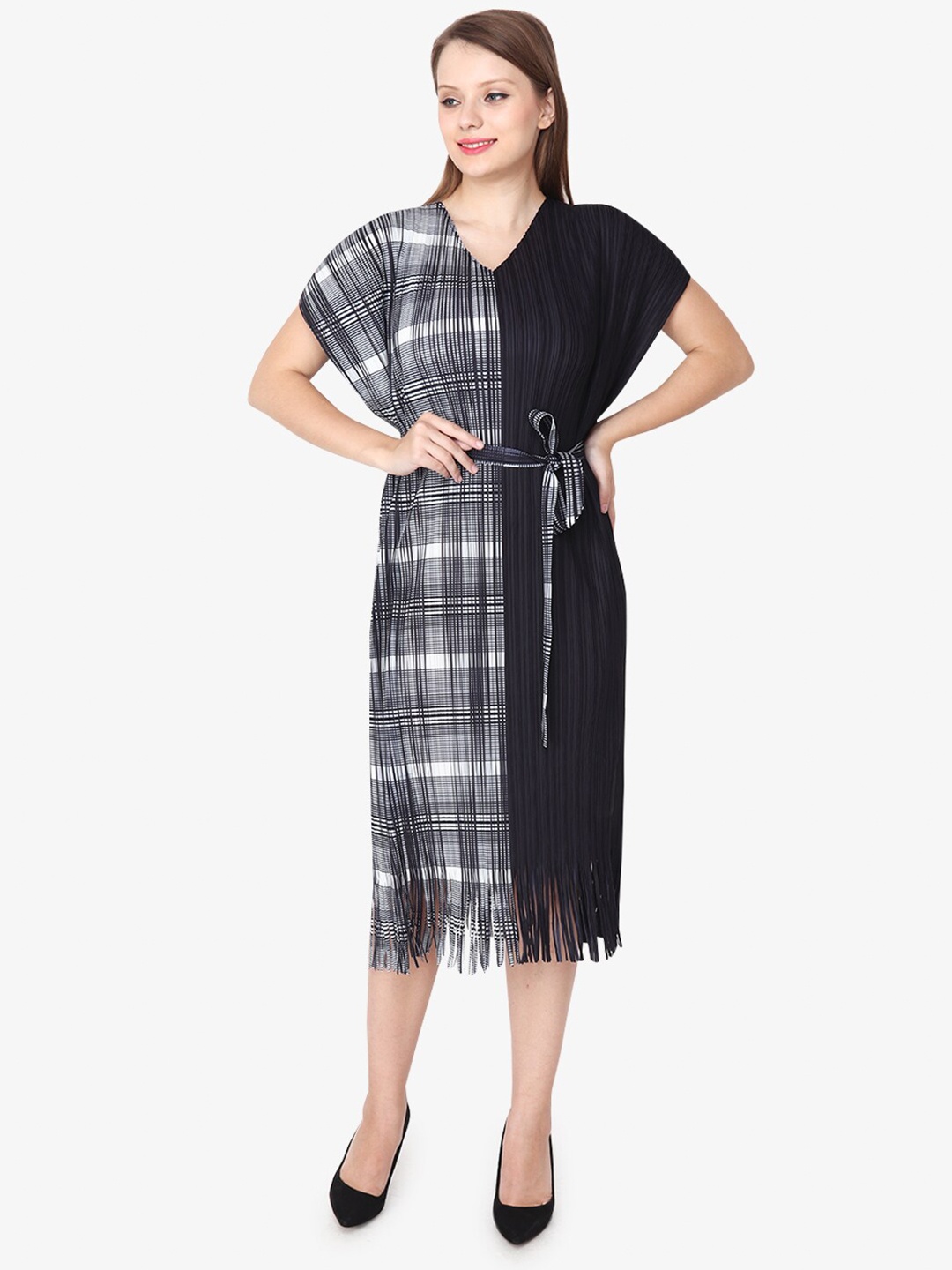 

Albion Checked Extended Sleeves Satin A-Line Midi Dress, Black