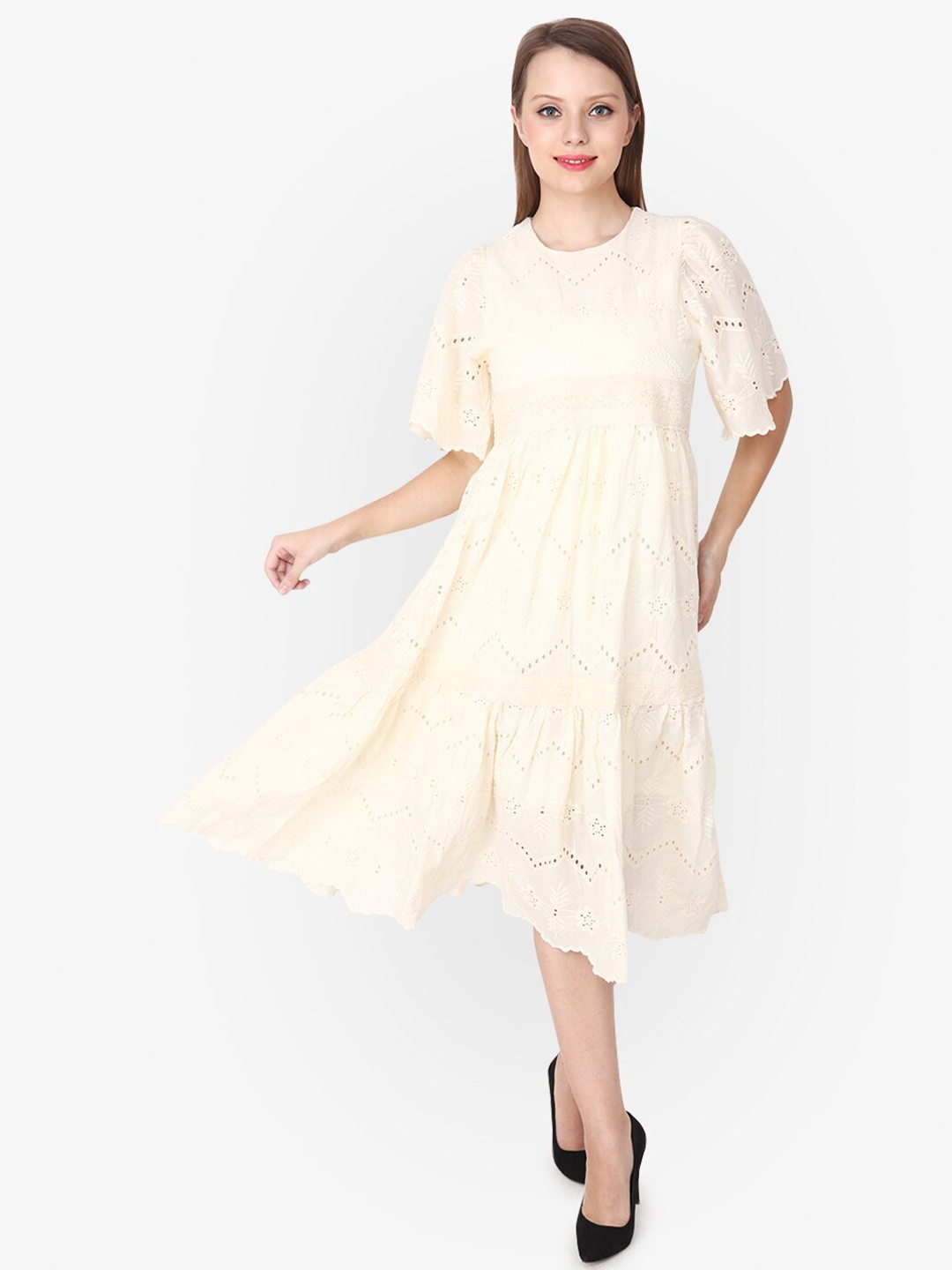 

Albion Flared Sleeve Schiffli Cotton Fit & Flare Midi Dress, Cream