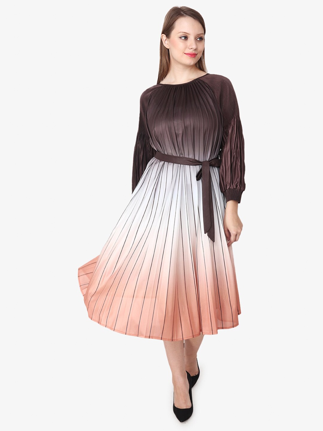 

Albion Striped Puff Sleeve Satin Fit & Flare Midi Dress, Brown