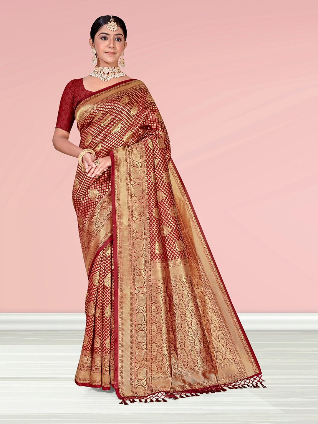

Anouk Ethnic Motifs Woven Design Zari Art Silk Banarasi Saree, Red