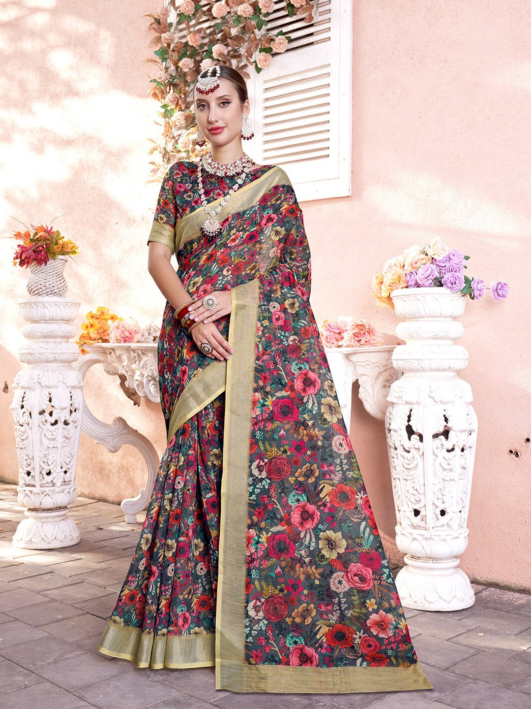 

Anouk Red & Green Floral Printed Zari Saree