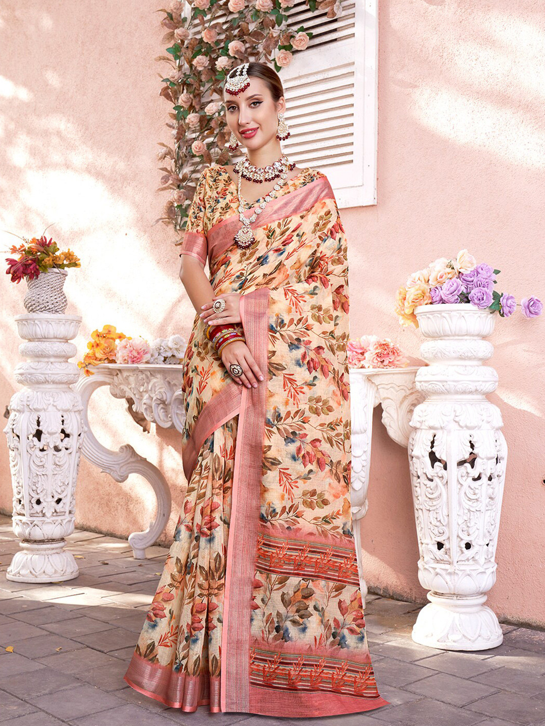 

Anouk Pink & Blue Floral Printed Zari Saree