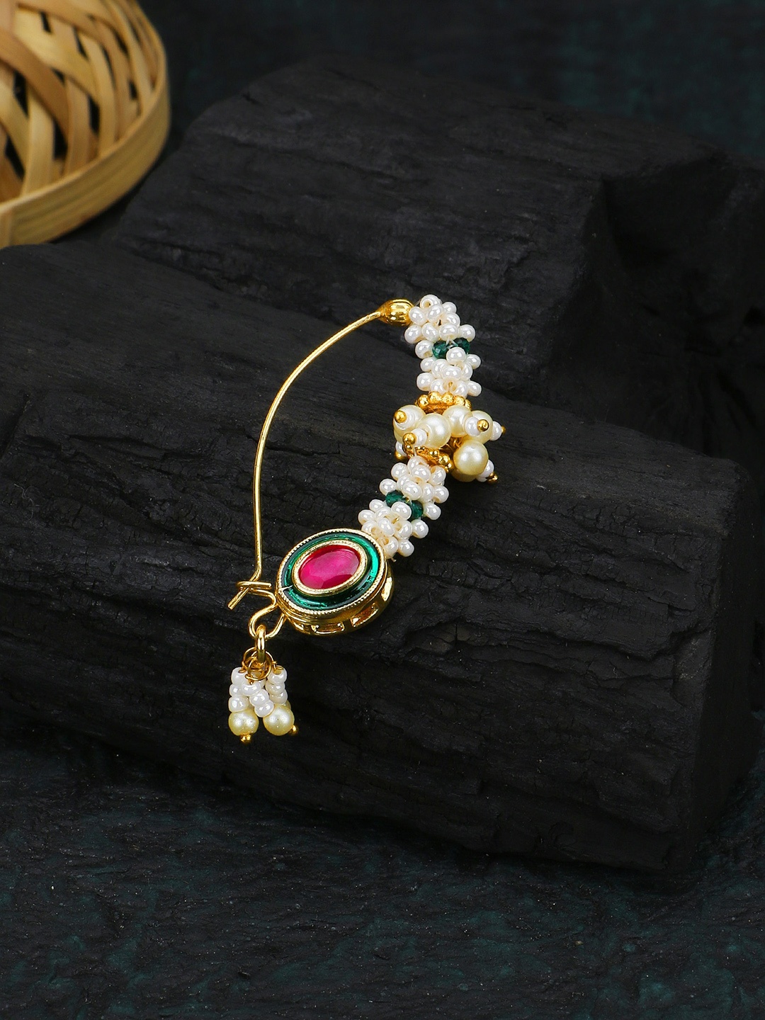 

Adwitiya Collection 24 KT Gold-Plated Pearl Beaded Marathi Traditional Nose Pin