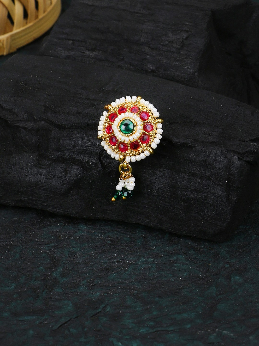 

Adwitiya Collection Gold-Plated Stone-Studded & Beaded Clip-On Nose Pin