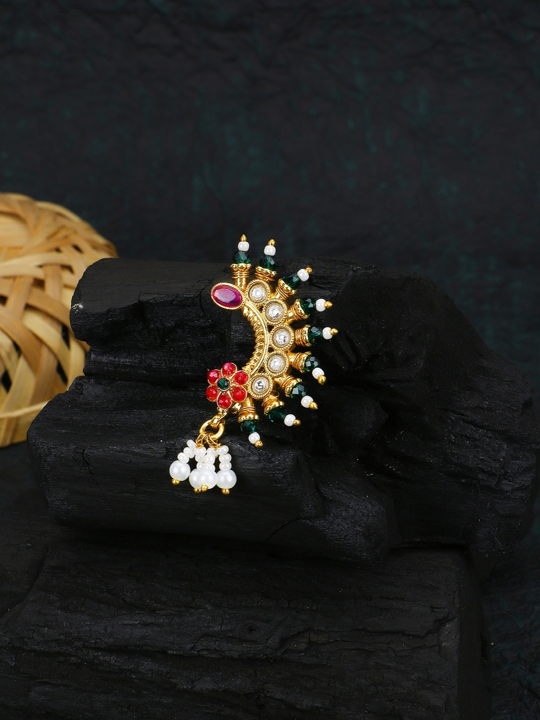 

Adwitiya Collection 24 CT Gold-Plated Flower Shaped Stone Studded Nose Pin