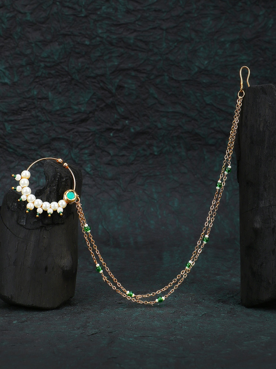 

Adwitiya Collection 24 CT Gold-Plated Pearls-Beaded with Chained Nose Ring