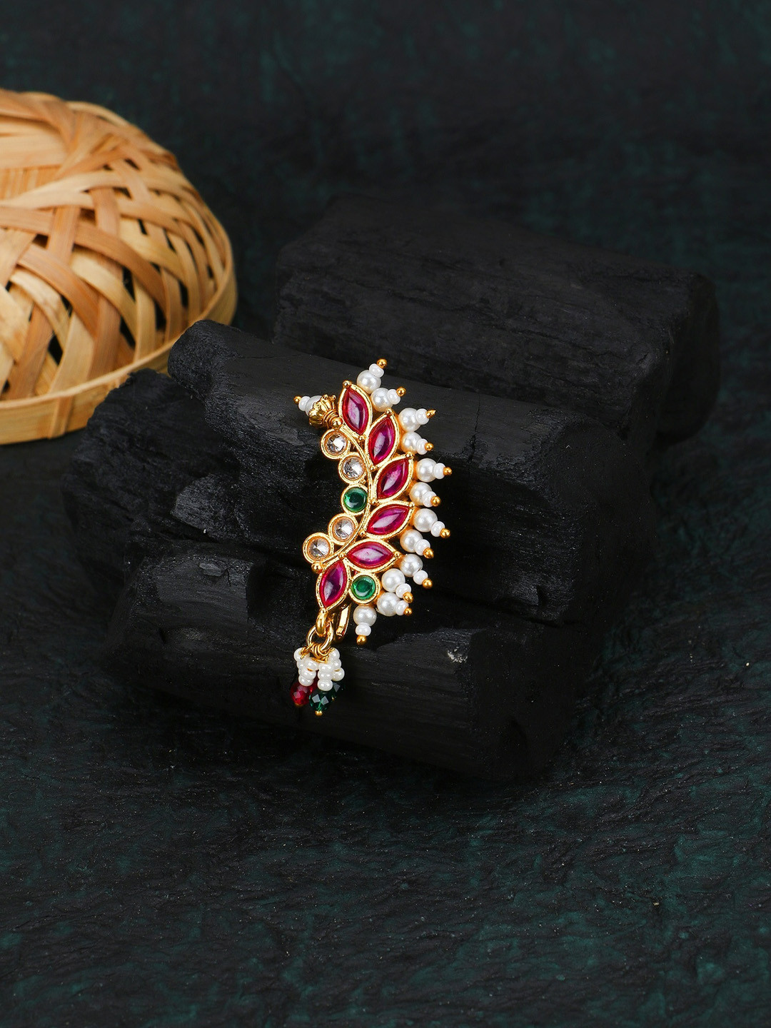 

Adwitiya Collection Gold-Plated Stone-Studded & Pearl Beaded Clip-On Nose Pin