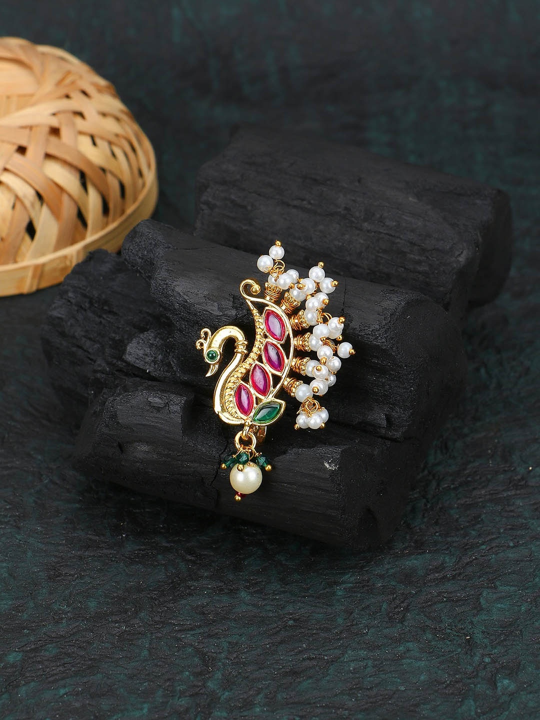 

Adwitiya Collection old-Plated Peacock Shape Beaded Clip-On Nose Pin, Gold
