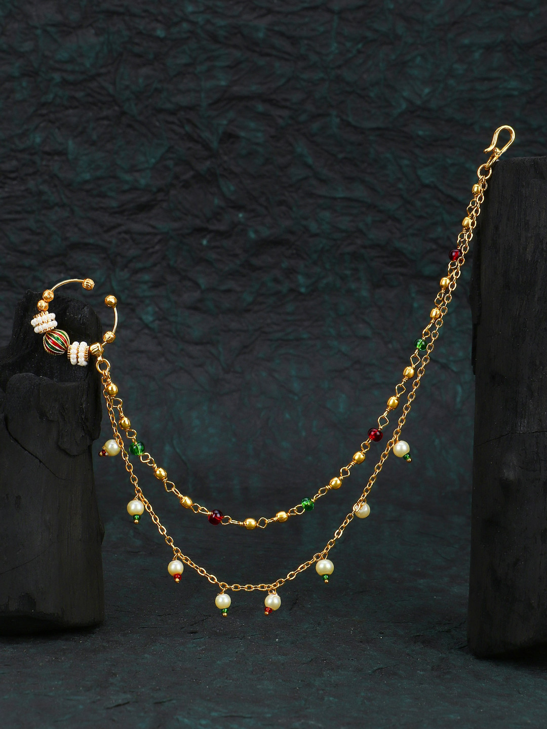 

Adwitiya Collection Gold-Plated Stone-Studded & Pearl Beaded Clip-On Nose Ring With Chain
