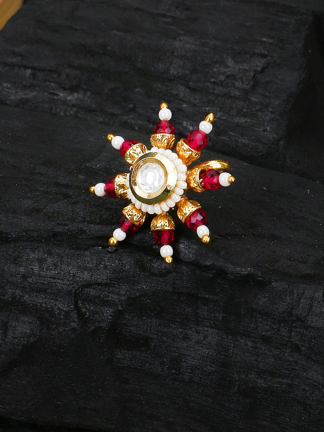 

Adwitiya Collection Gold-Plated Kundan Stone-Studded & Beaded Clip-On Nose Pin