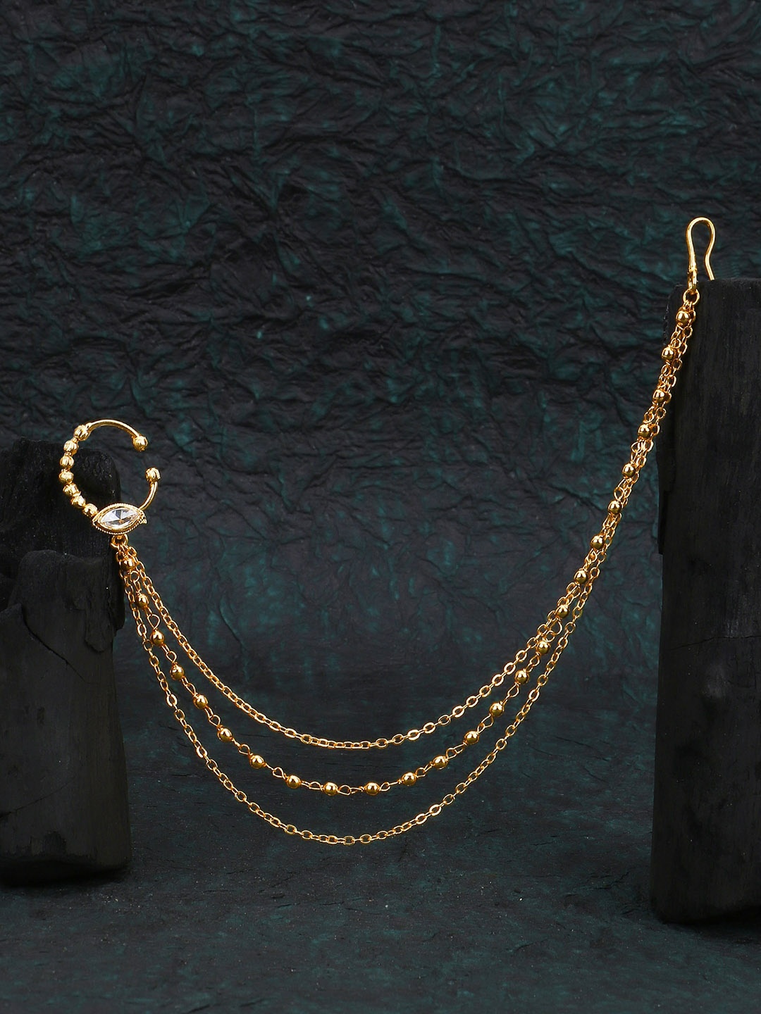 

Adwitiya Collection Gold-Plated Kundan Stone-Studded & Beaded Nose Pin With Chain